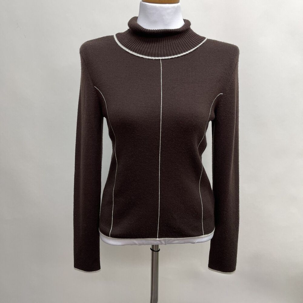 Kasper Women's‎ Turtleneck Sweater Medium Brown Ivory White Long Sleeve